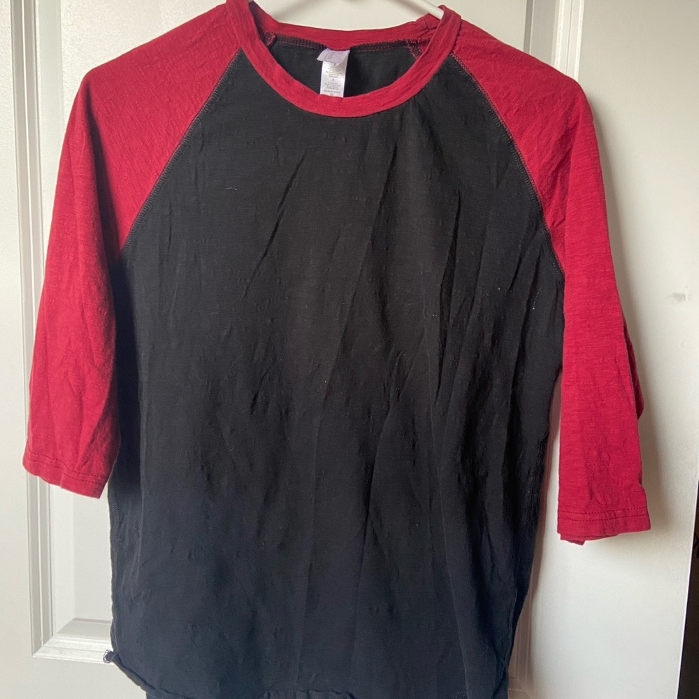 red and black soft washed baseball tee